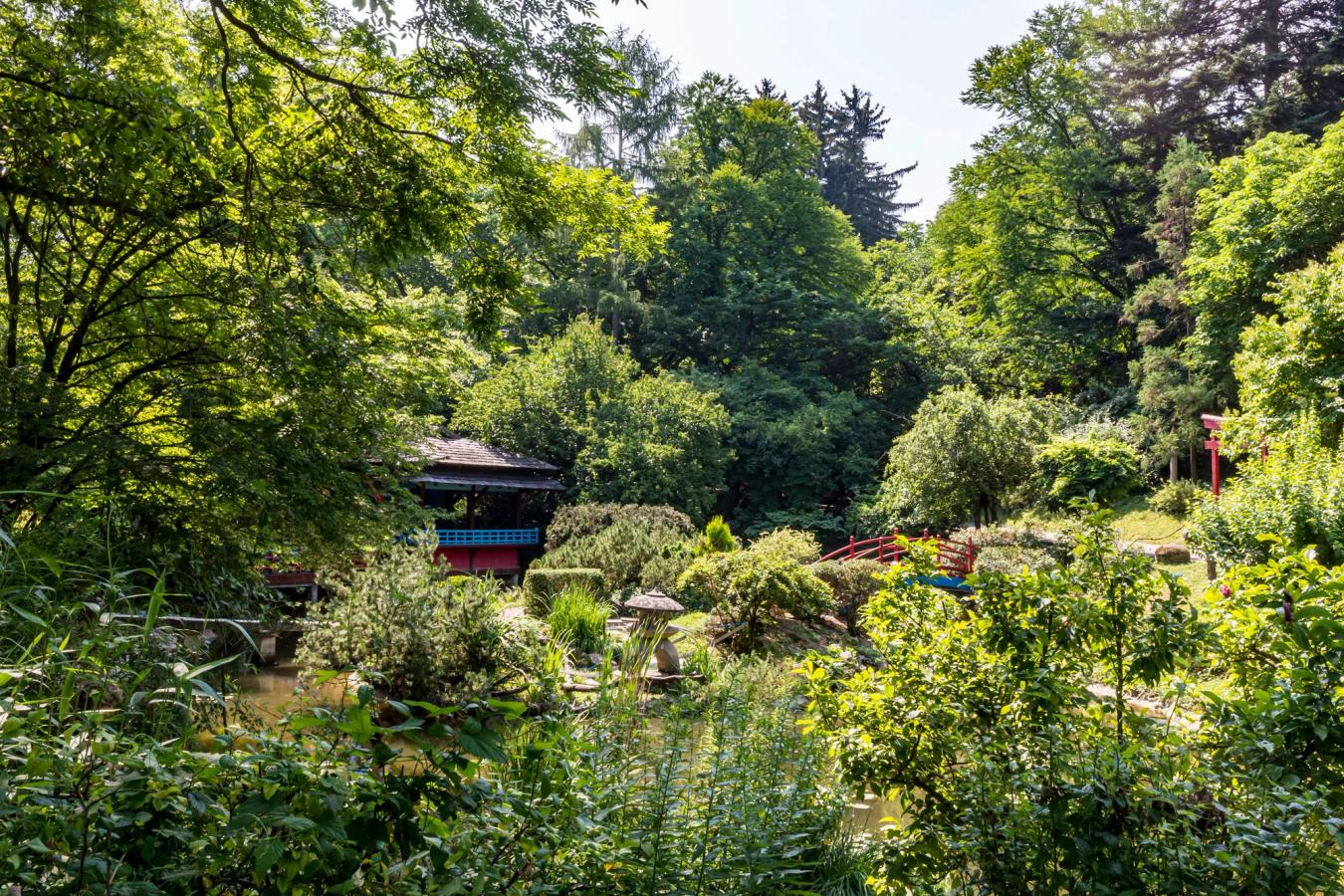 Grădina Botanică din Cluj-Napoca cu pavilion și vegetație